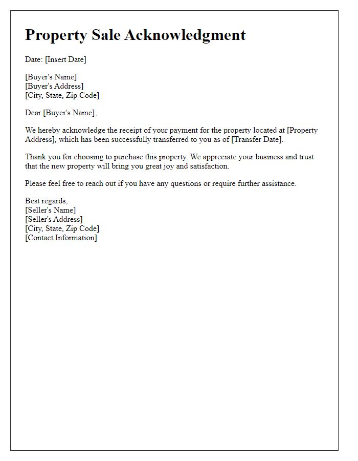 Letter template of acknowledgment post-property sale.