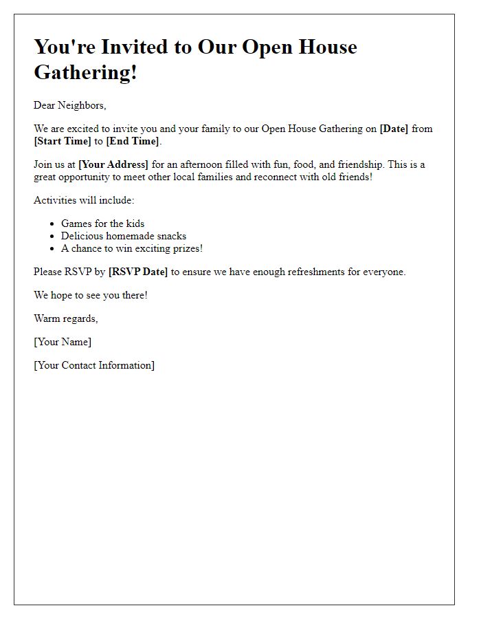 Letter template of open house gathering invitation for local families