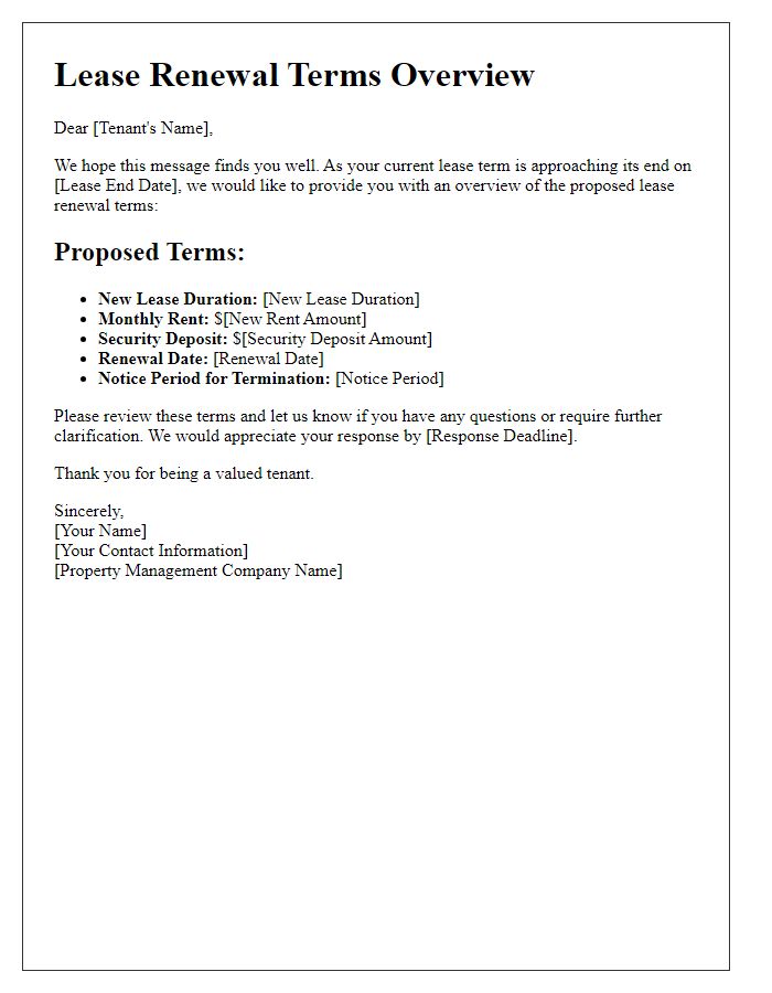 Letter template of lease renewal terms overview for tenants.