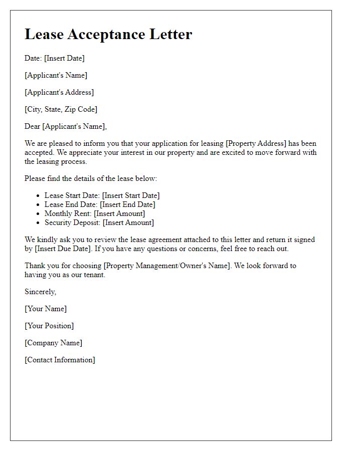 Letter template of applicant acceptance for leasing