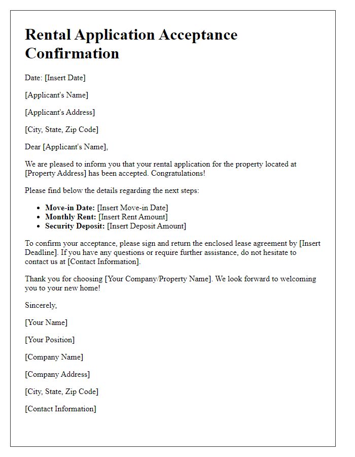 Letter template of rental application acceptance confirmation