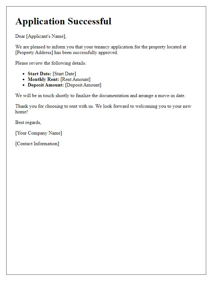 Letter template of tenancy application success message