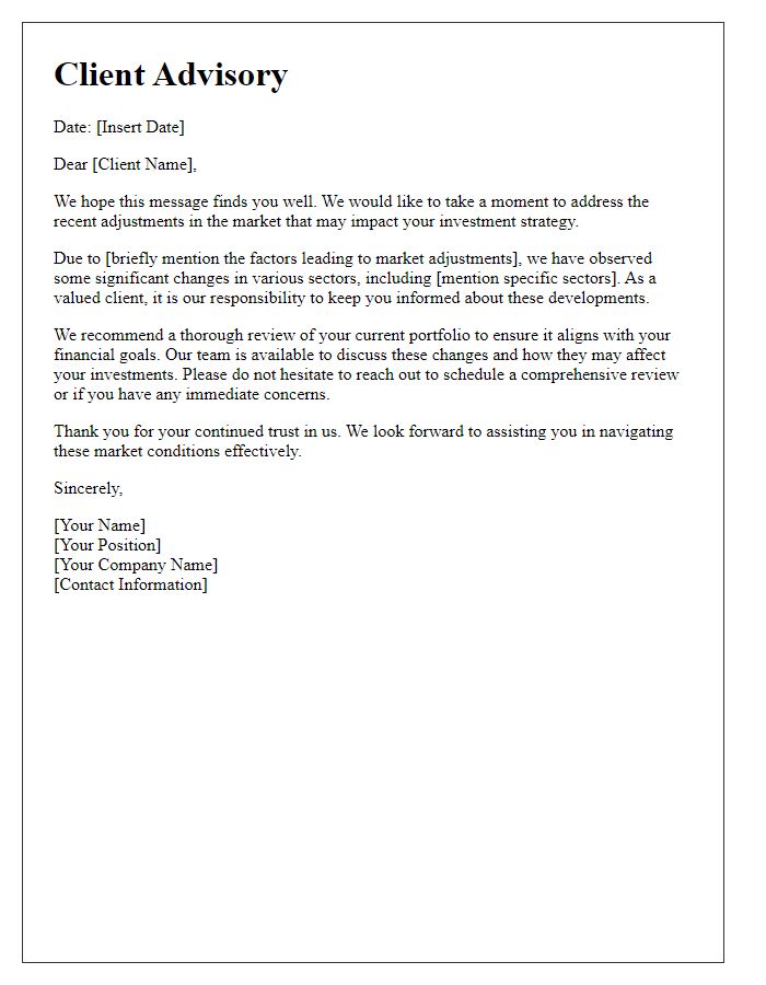 Letter template of Client Advisory on Recent Market Adjustments