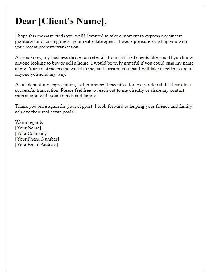 Letter template of encouraging client referrals for future purchases in real estate.