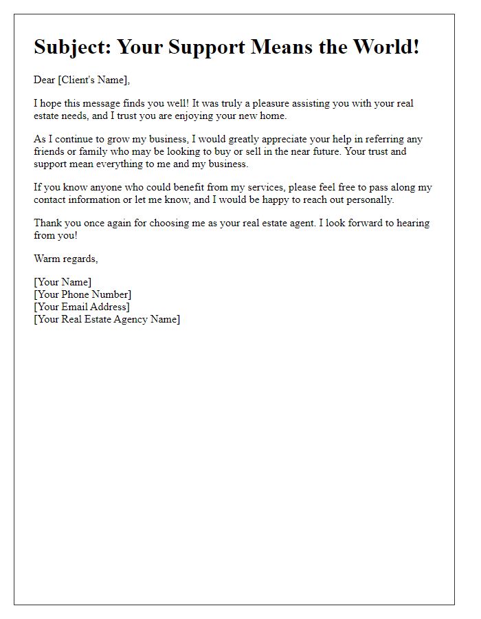 Letter template of follow-up request for client referrals in real estate.