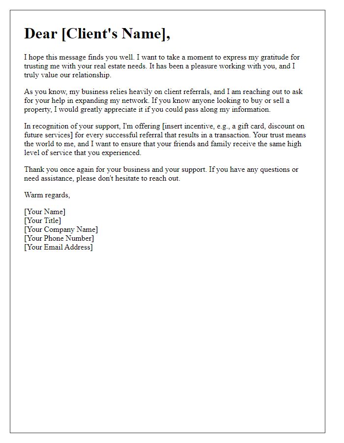 Letter template of network expansion through client referrals in real estate.