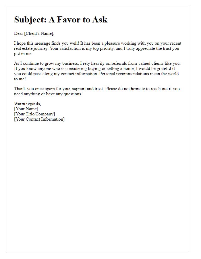 Letter template of personalized request for client referrals in real estate.