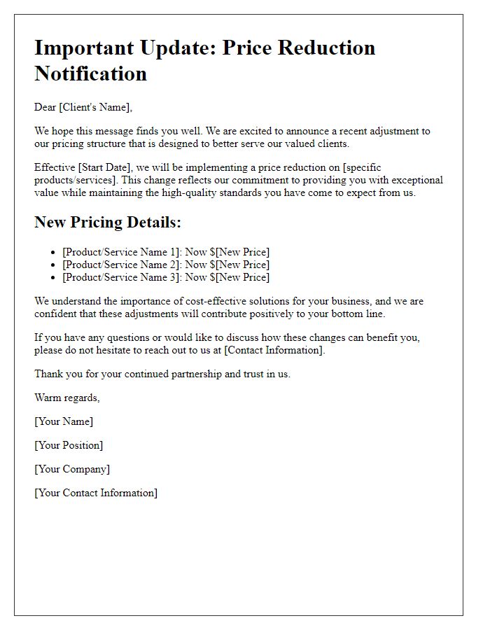 Letter template of client-oriented price reduction update