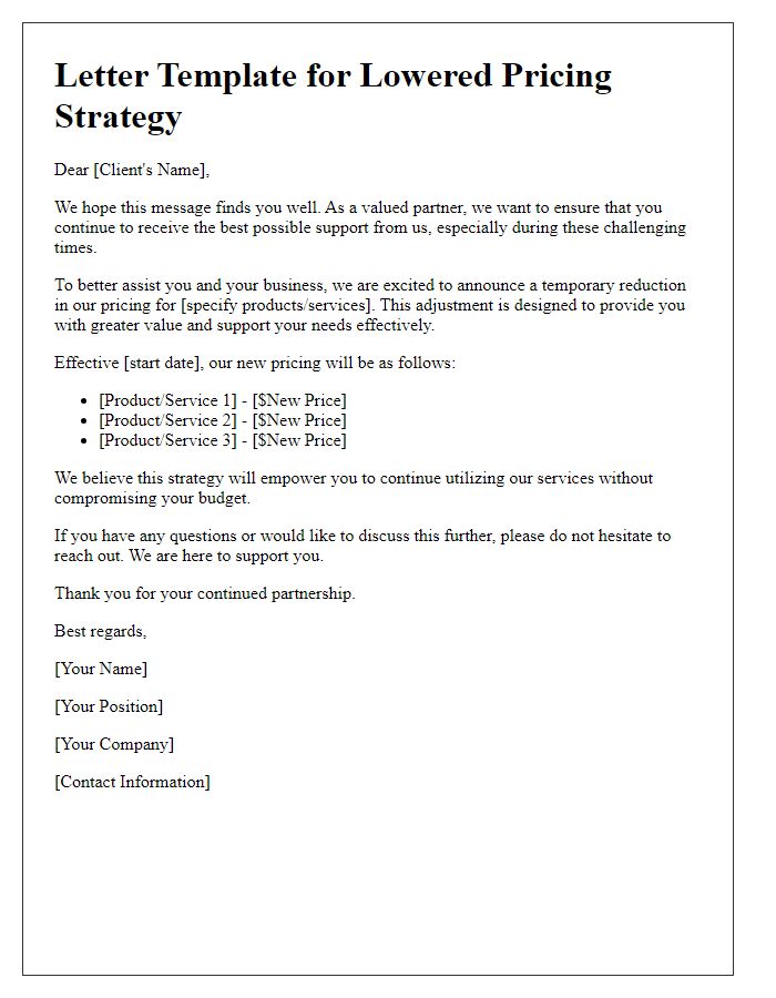 Letter template of lowered pricing strategy to support clients