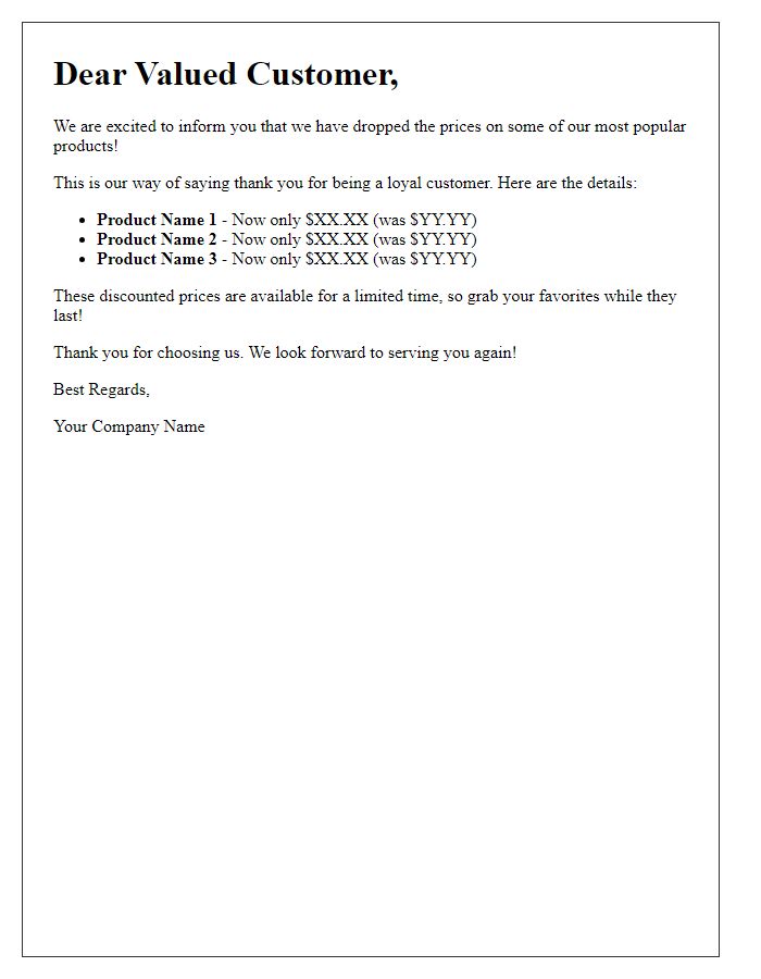 Letter template of price drop notification for our esteemed customers