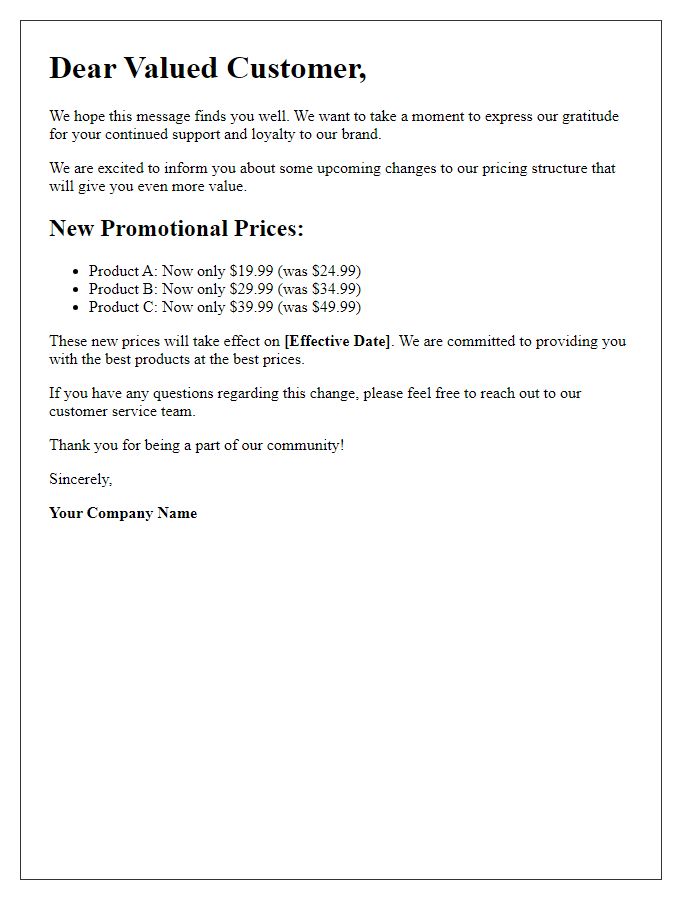 Letter template of promotional price changes for valued customers