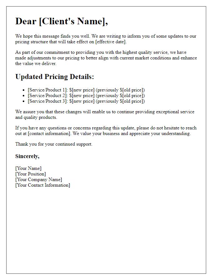 Letter template of updated pricing details for client satisfaction