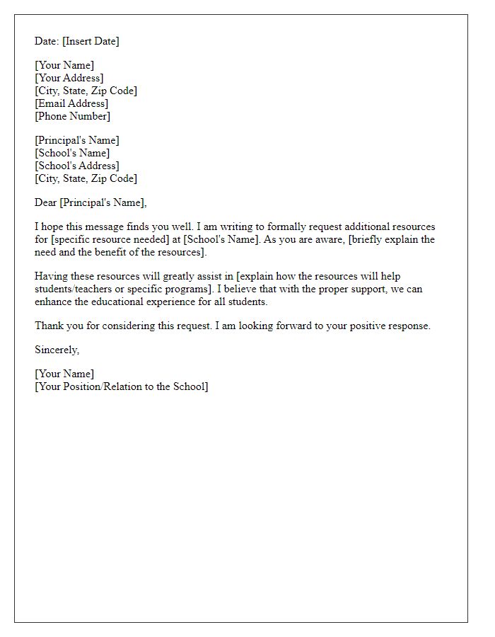 Letter template of formal request for school resources