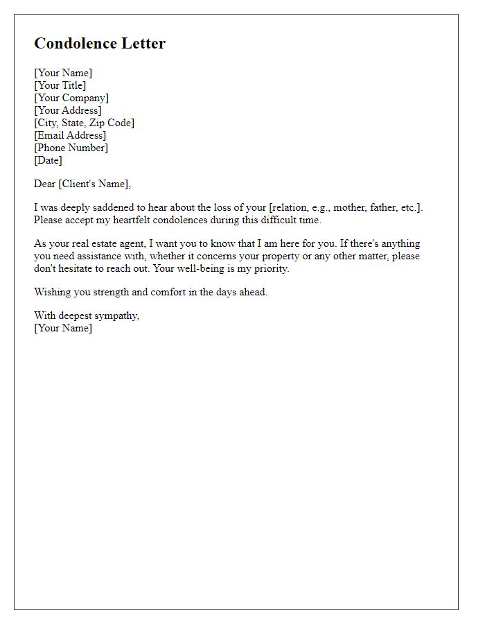 Letter template of condolence for a grieving real estate client.