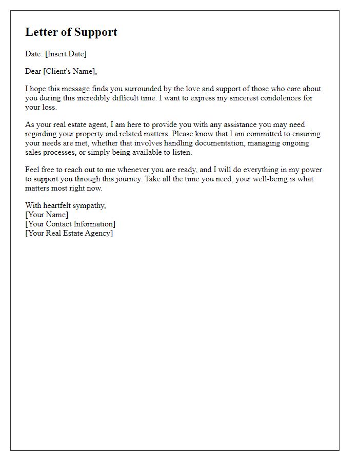 Letter template of support for a real estate client experiencing bereavement.