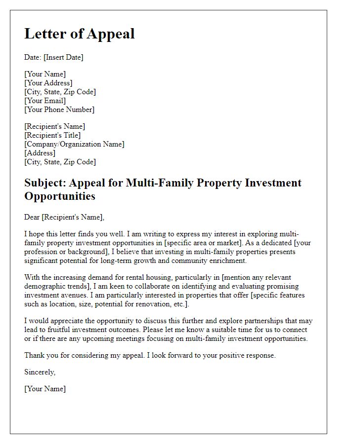 Letter template of appeal for multi-family property investment opportunities.