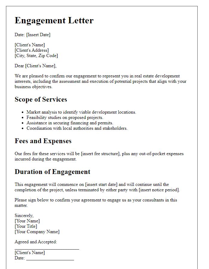 Letter template of engagement for real estate development interests.