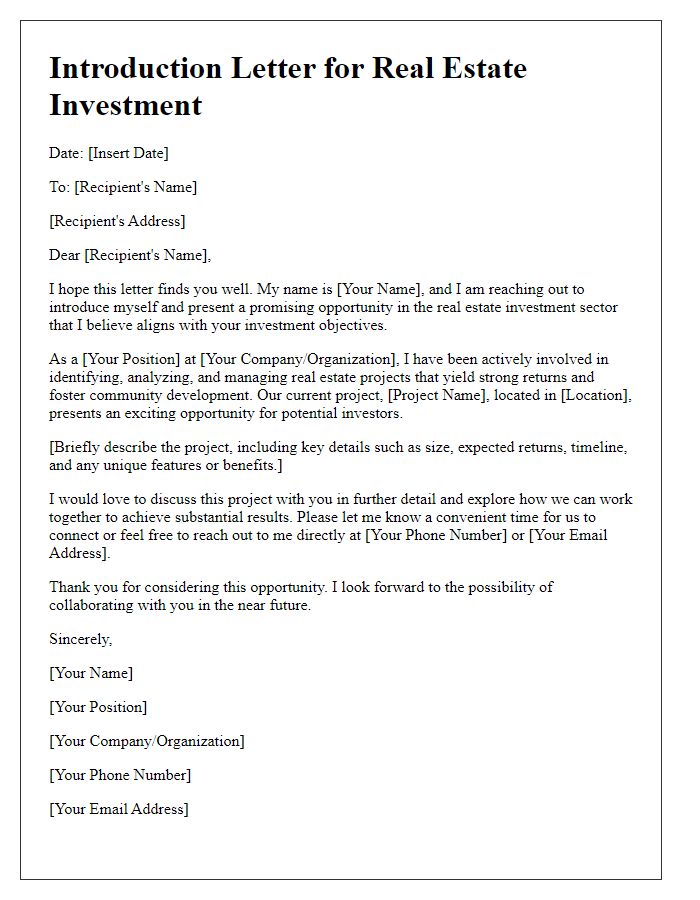 Letter template of introduction for real estate investment projects.