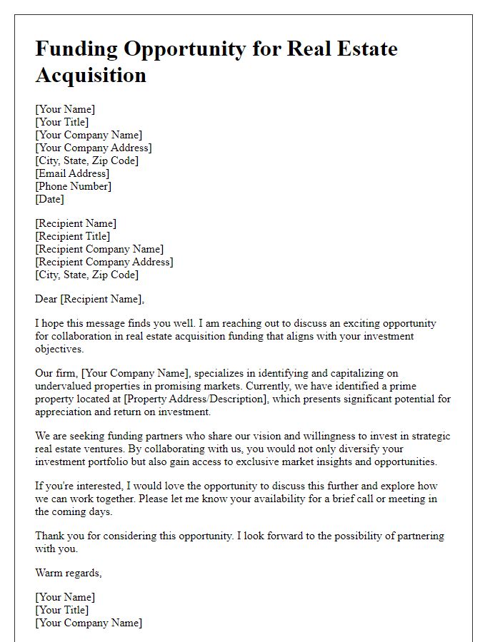 Letter template of outreach for real estate acquisition funding.