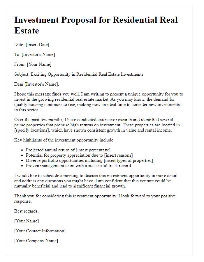 Letter template of pitch for residential real estate investments.