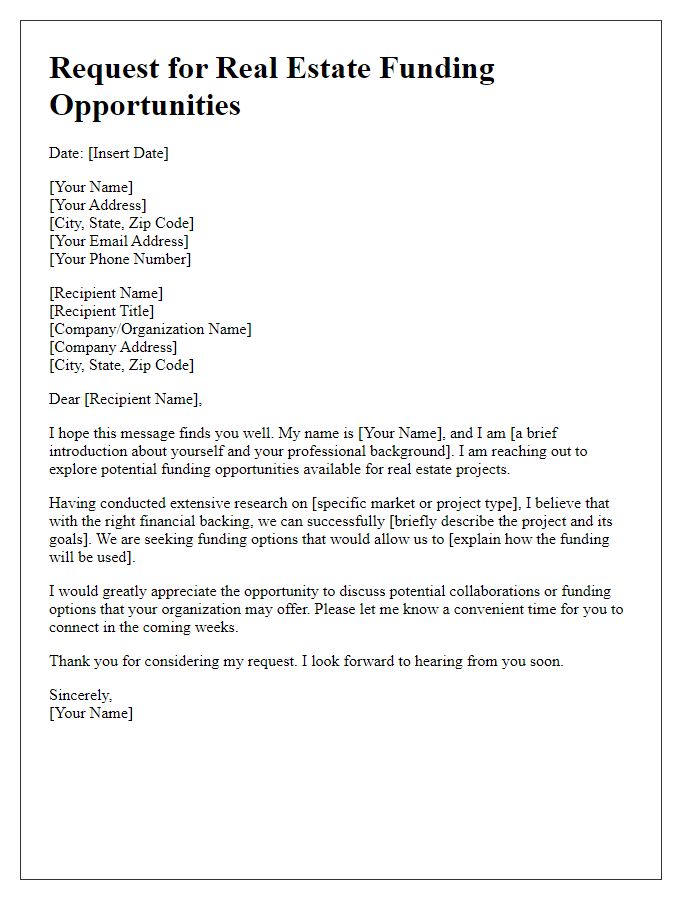 Letter template of request for real estate funding opportunities.