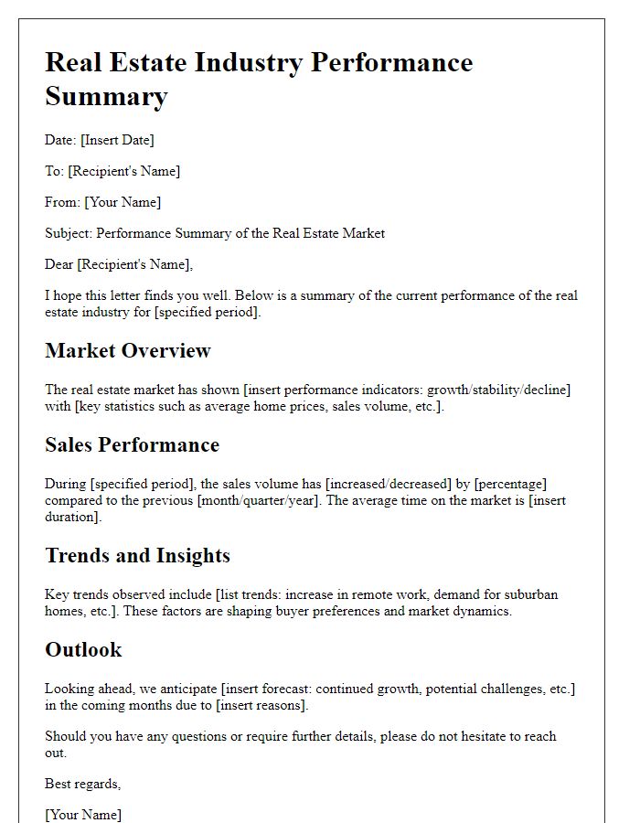 Letter template of real estate industry performance summary