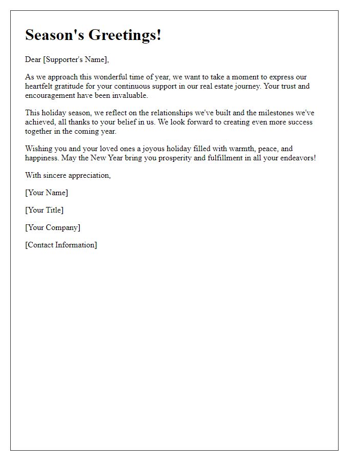 Letter template of grateful holiday sentiments for real estate supporters