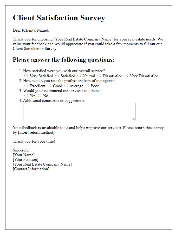 Letter template of Client Satisfaction Survey for Real Estate Services