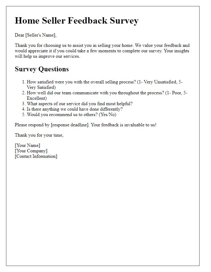 Letter template of Home Seller Feedback Survey