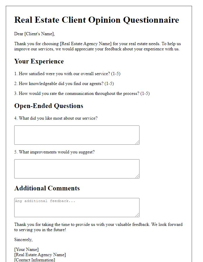 Letter template of Real Estate Client Opinion Questionnaire