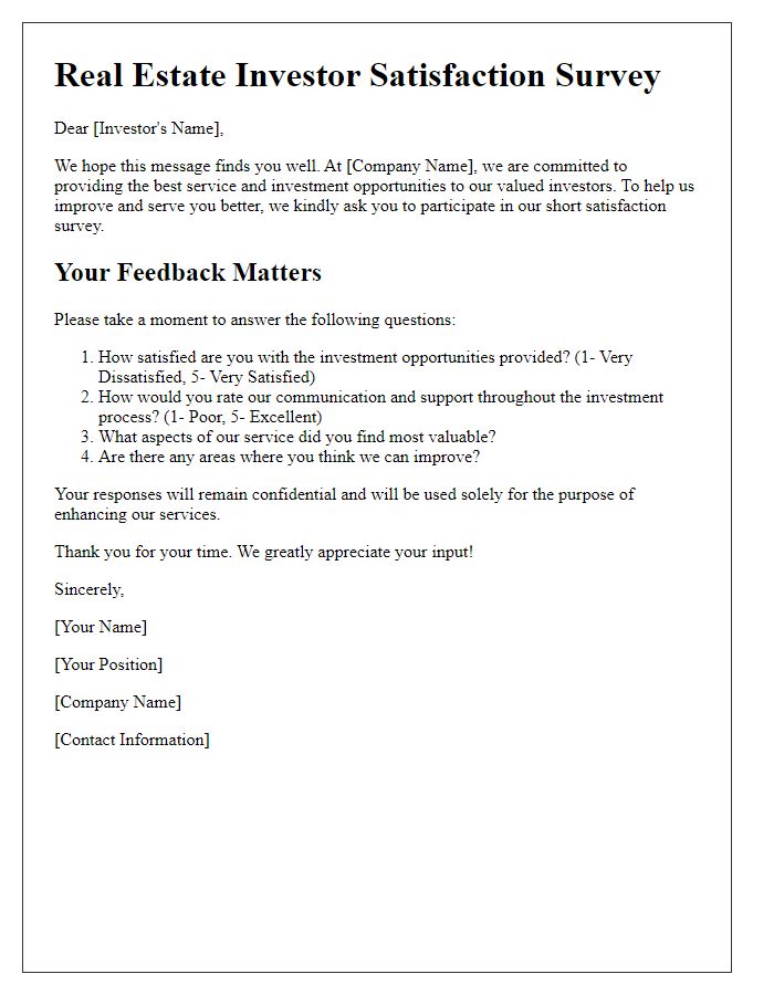 Letter template of Real Estate Investor Satisfaction Survey