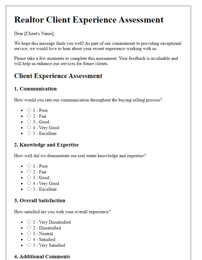 Letter template of Realtor Client Experience Assessment