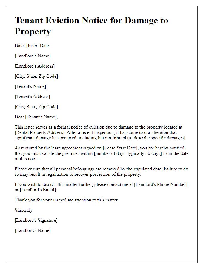 Letter template of Tenant Eviction Notice for Damage to Property