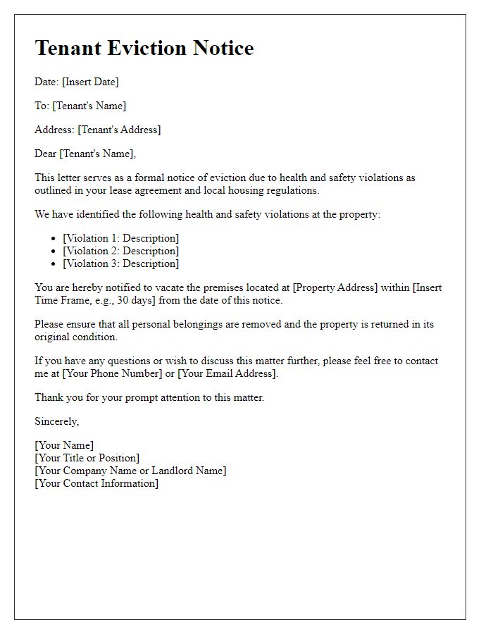 Letter template of Tenant Eviction Notice for Health and Safety Violations