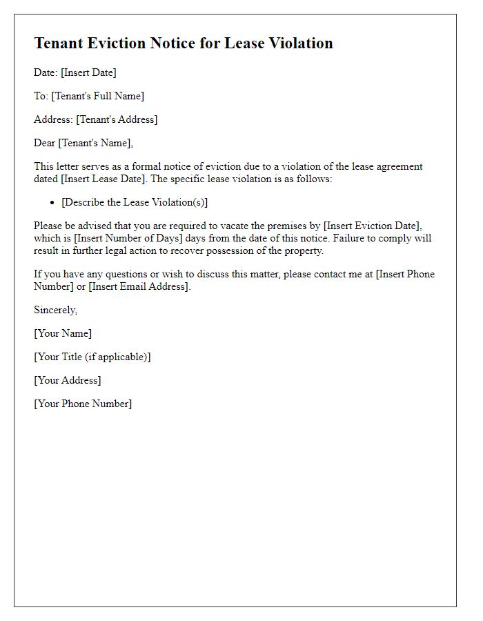 Letter template of Tenant Eviction Notice for Lease Violation