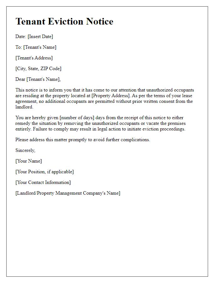 Letter template of Tenant Eviction Notice for Unauthorized Occupants