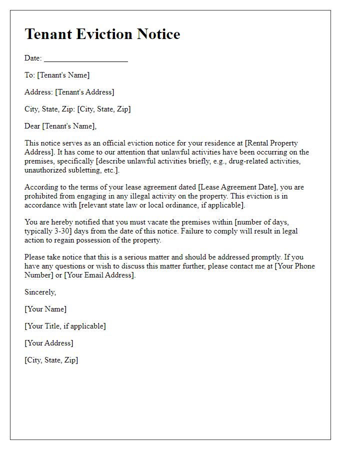 Letter template of Tenant Eviction Notice for Unlawful Activities