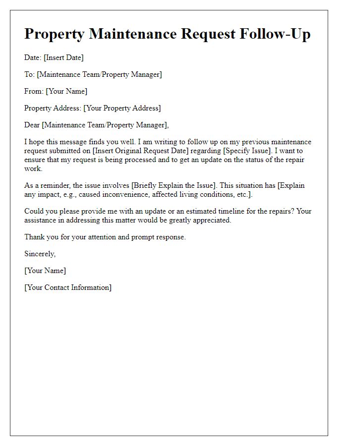 Letter template of property maintenance request follow-up for communication clarity.