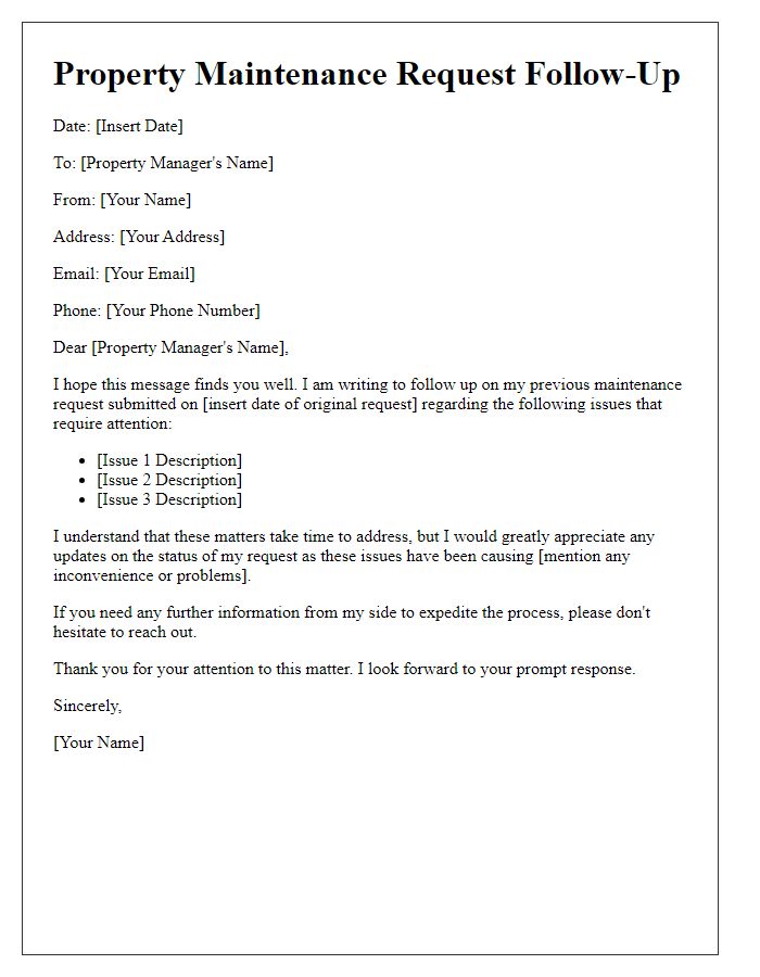 Letter template of property maintenance request follow-up for improvements needed.