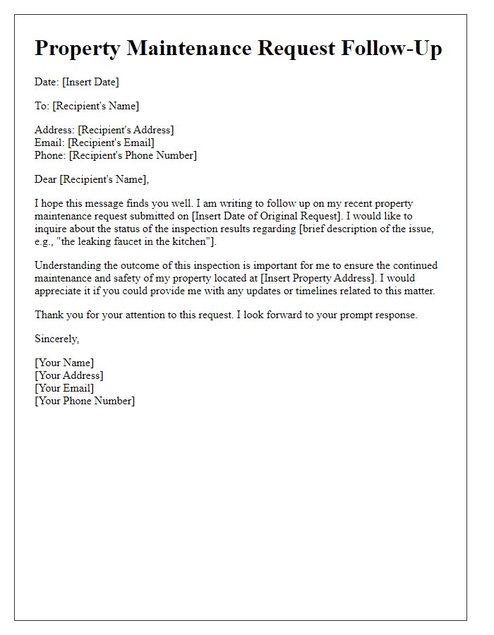 Letter template of property maintenance request follow-up for inspection results.