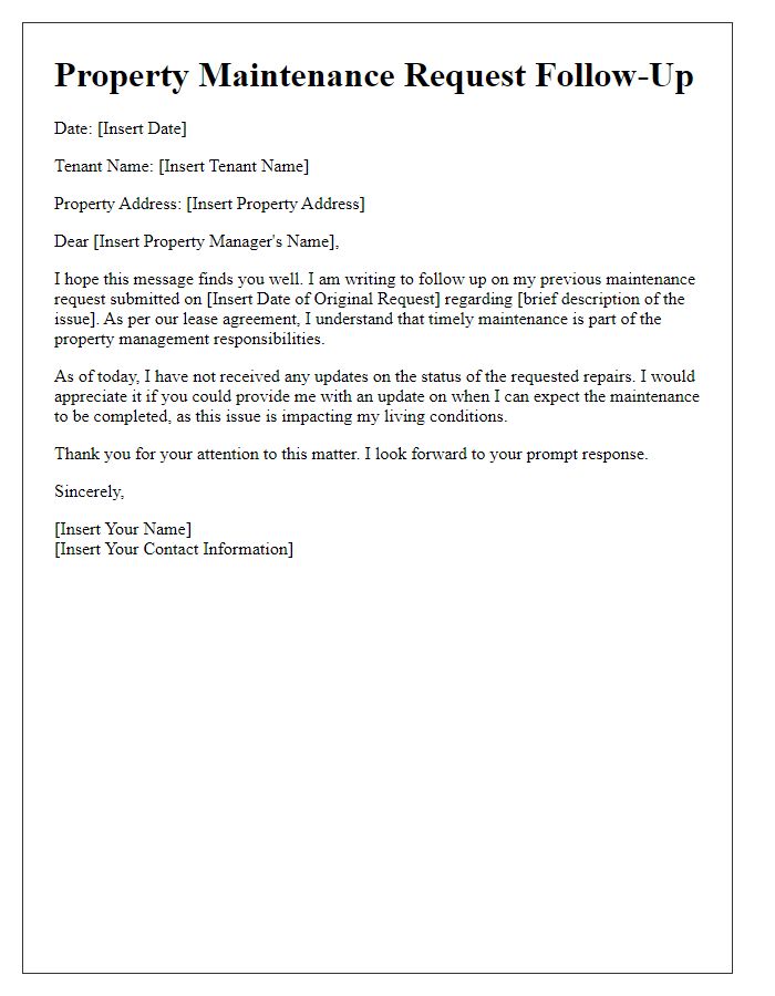 Letter template of property maintenance request follow-up for lease compliance.