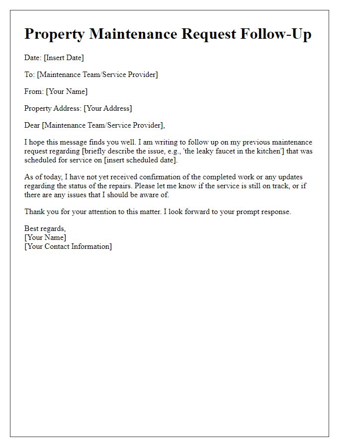 Letter template of property maintenance request follow-up for scheduled services.