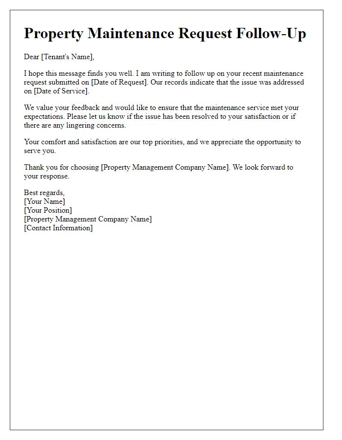 Letter template of property maintenance request follow-up for tenant satisfaction.