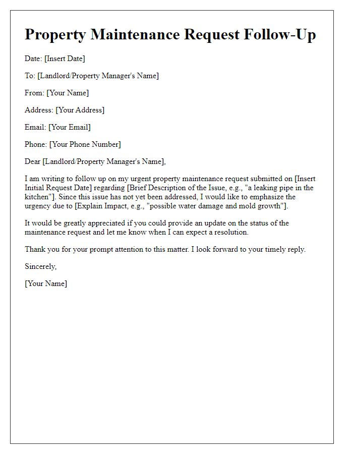 Letter template of property maintenance request follow-up for urgent issues.