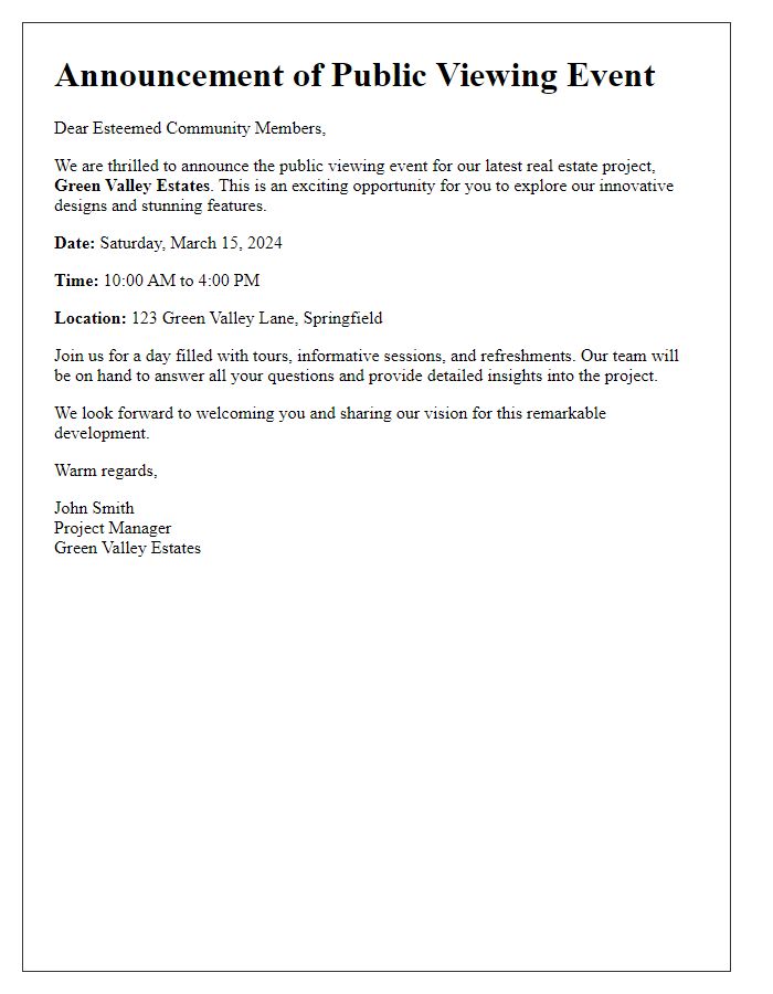 Letter template of announcement for the public viewing event of the real estate project.