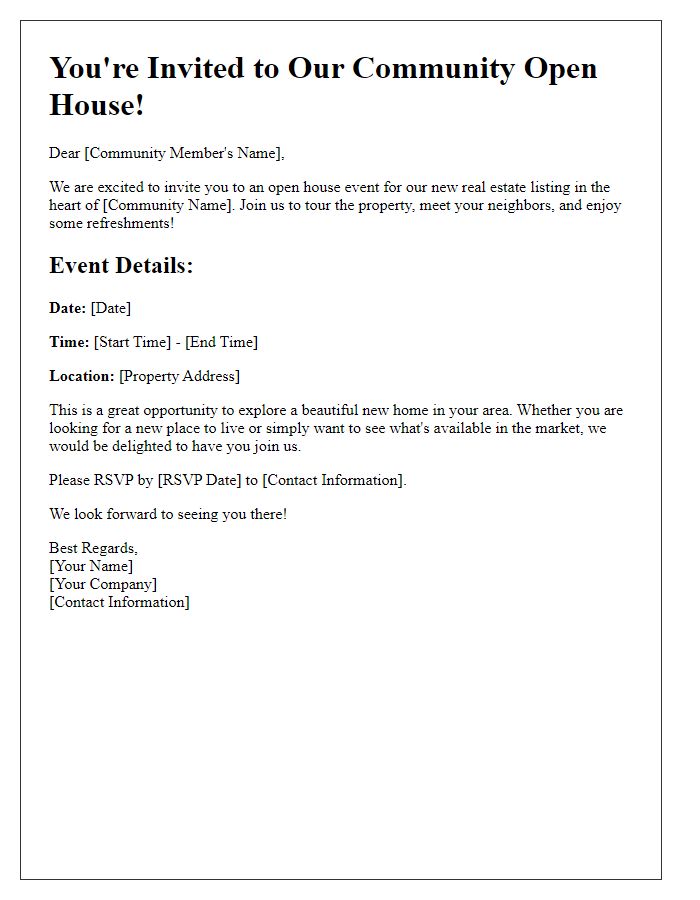 Letter template of invitation to the community open house event for the new real estate listing.