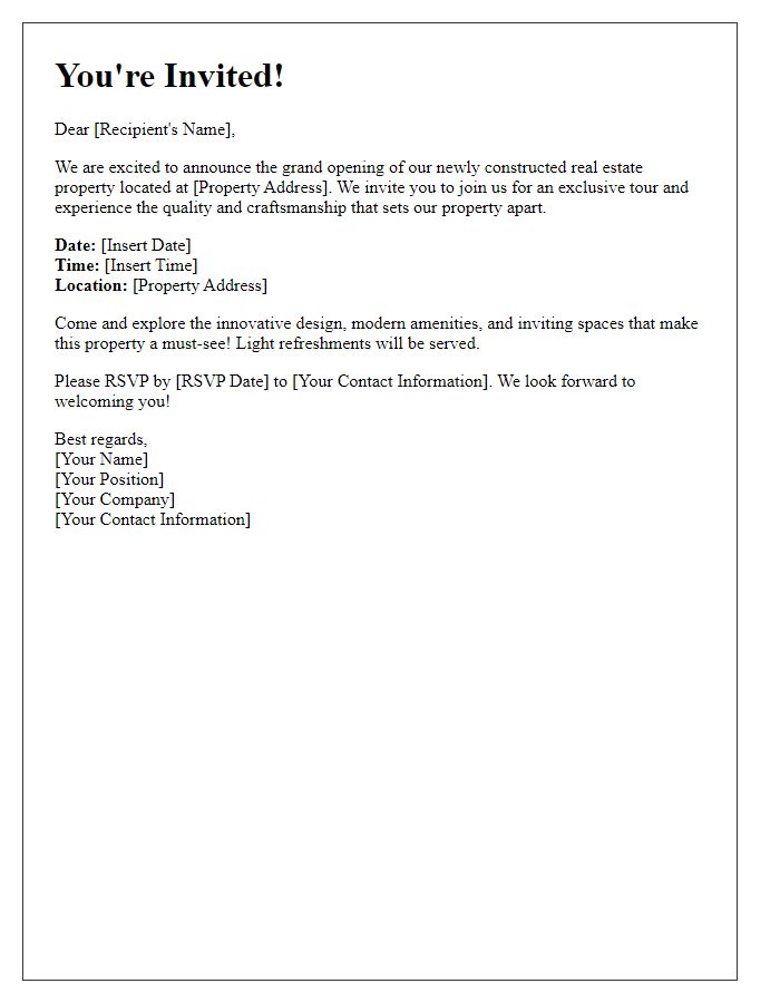 Letter template of invitation to explore the newly constructed real estate property.