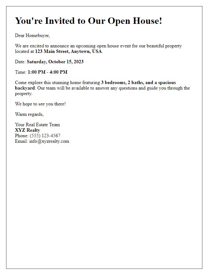 Letter template of notification about the open house for prospective homebuyers.