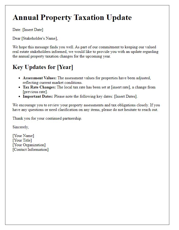 Letter template of annual property taxation update for real estate stakeholders