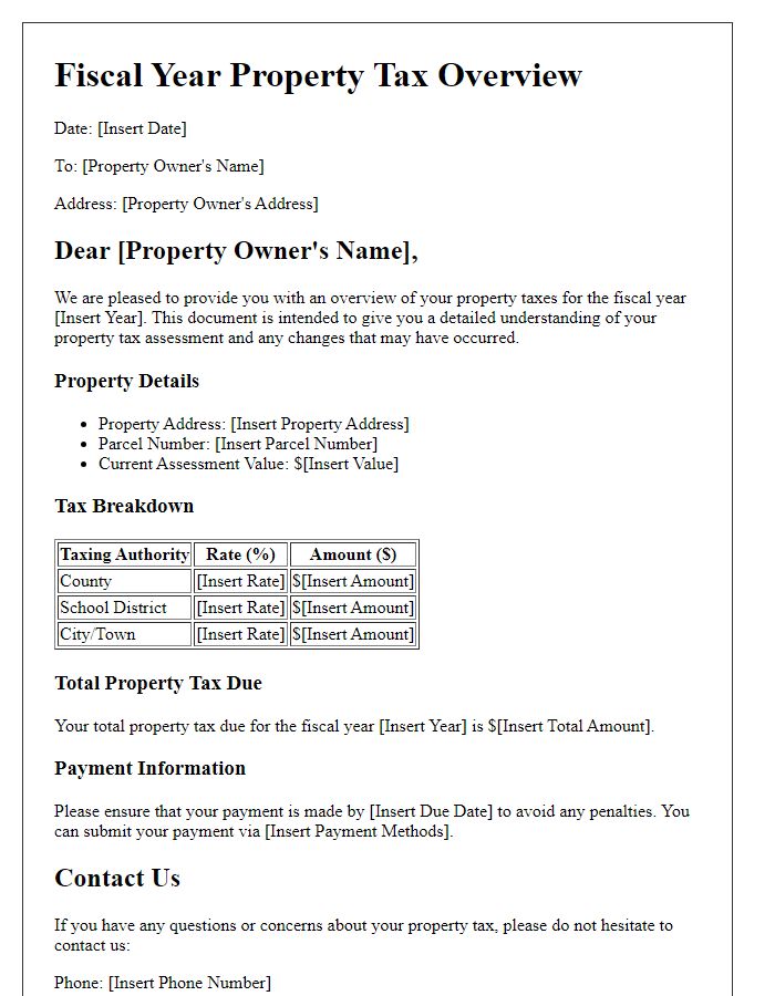 Letter template of fiscal year property tax overview for real estate owners